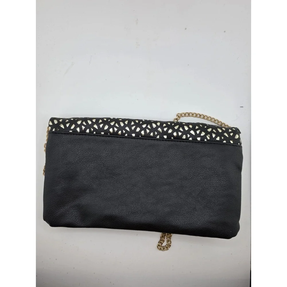 Black Gold Cutout Clutch Purse Fold Over Chain Strap Evening Bag